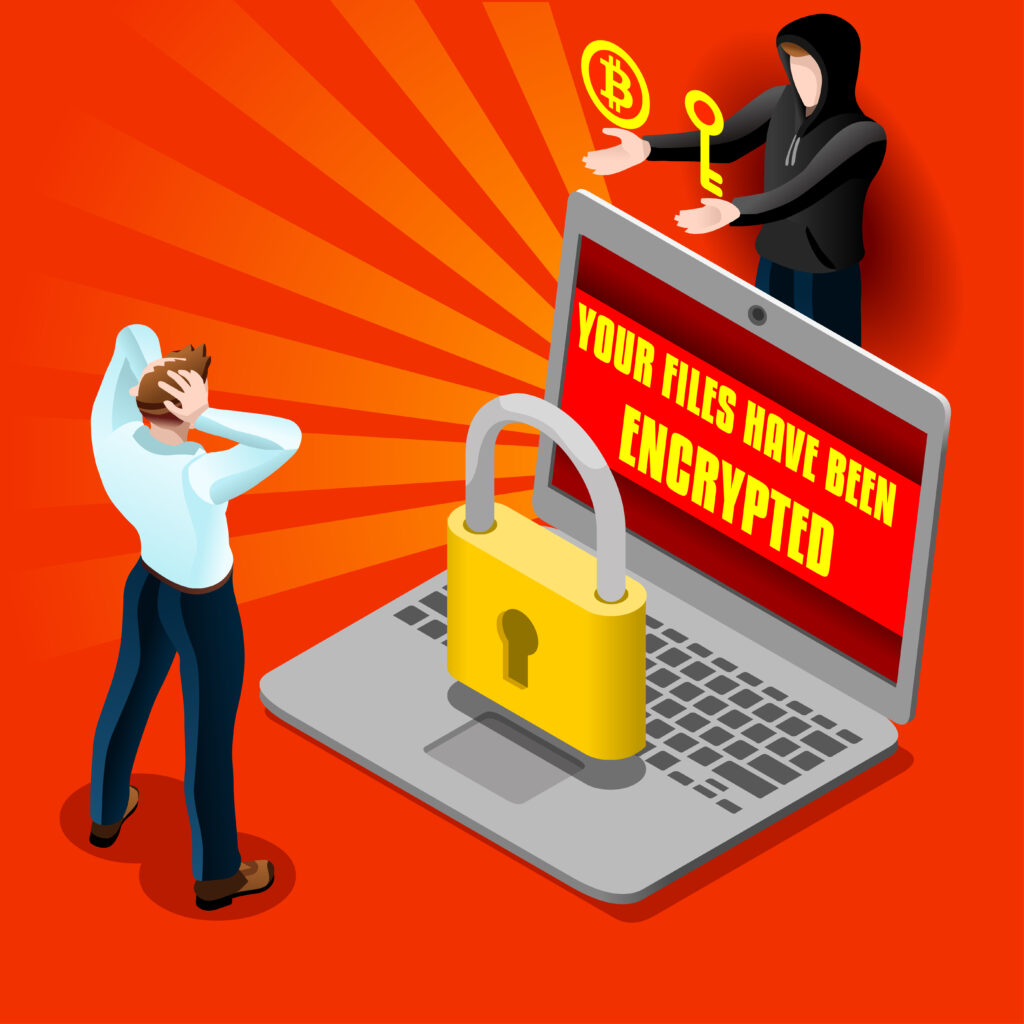 Ransomware malware wannacry symbol cyber attack concept computer infection infographic. Vector illustration with 3D flat isometric realistic detailed people