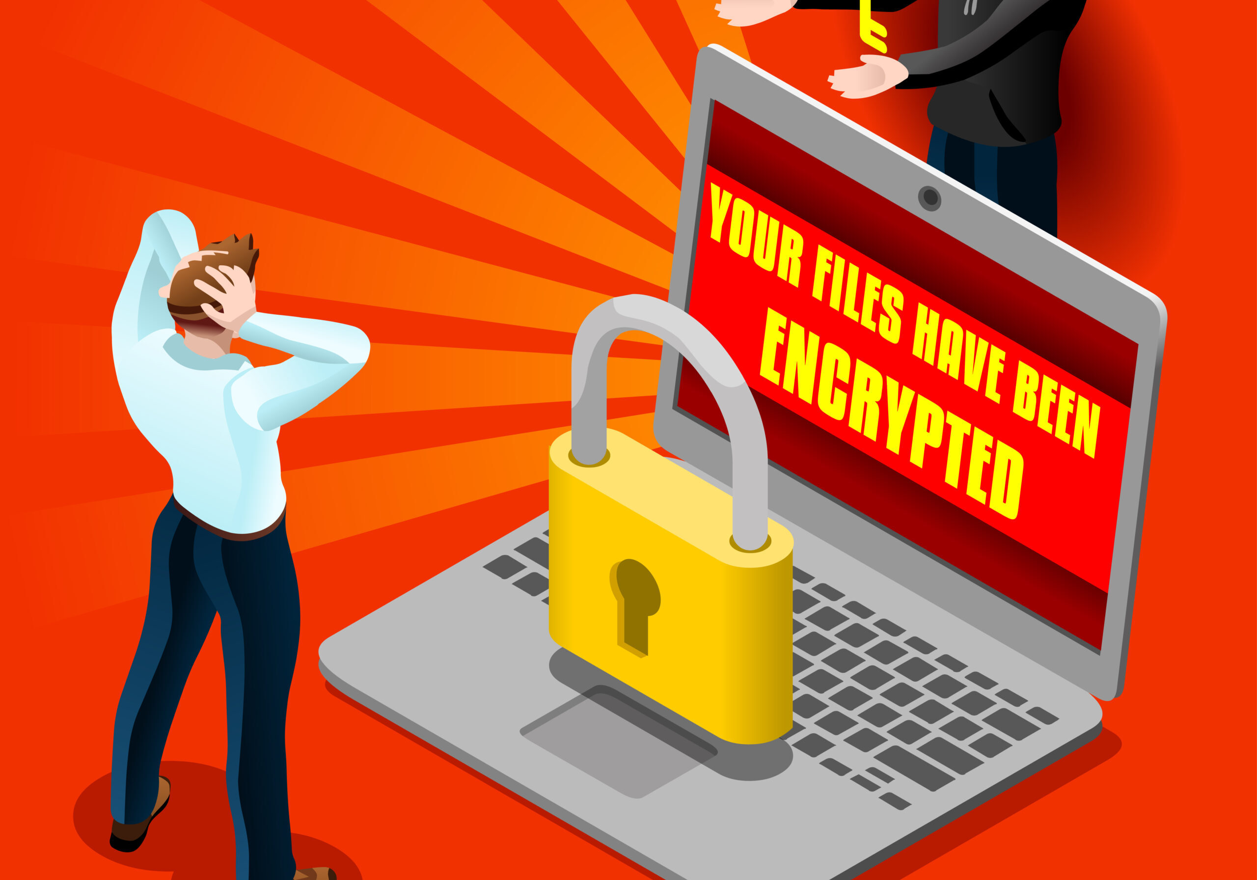 Ransomware malware wannacry symbol cyber attack concept computer infection infographic. Vector illustration with 3D flat isometric realistic detailed people